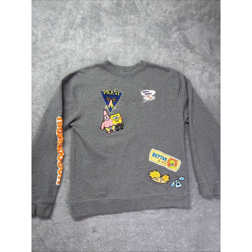 Rare Nickelodeon Embroidered Sweatshirt Crew Gray Spongebob Rugrats Men Medium
